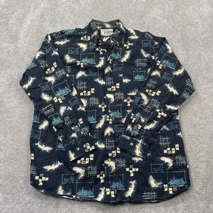Michael Austin Rugged Wear Fish Print Button Down Shirt Men's Size L Black